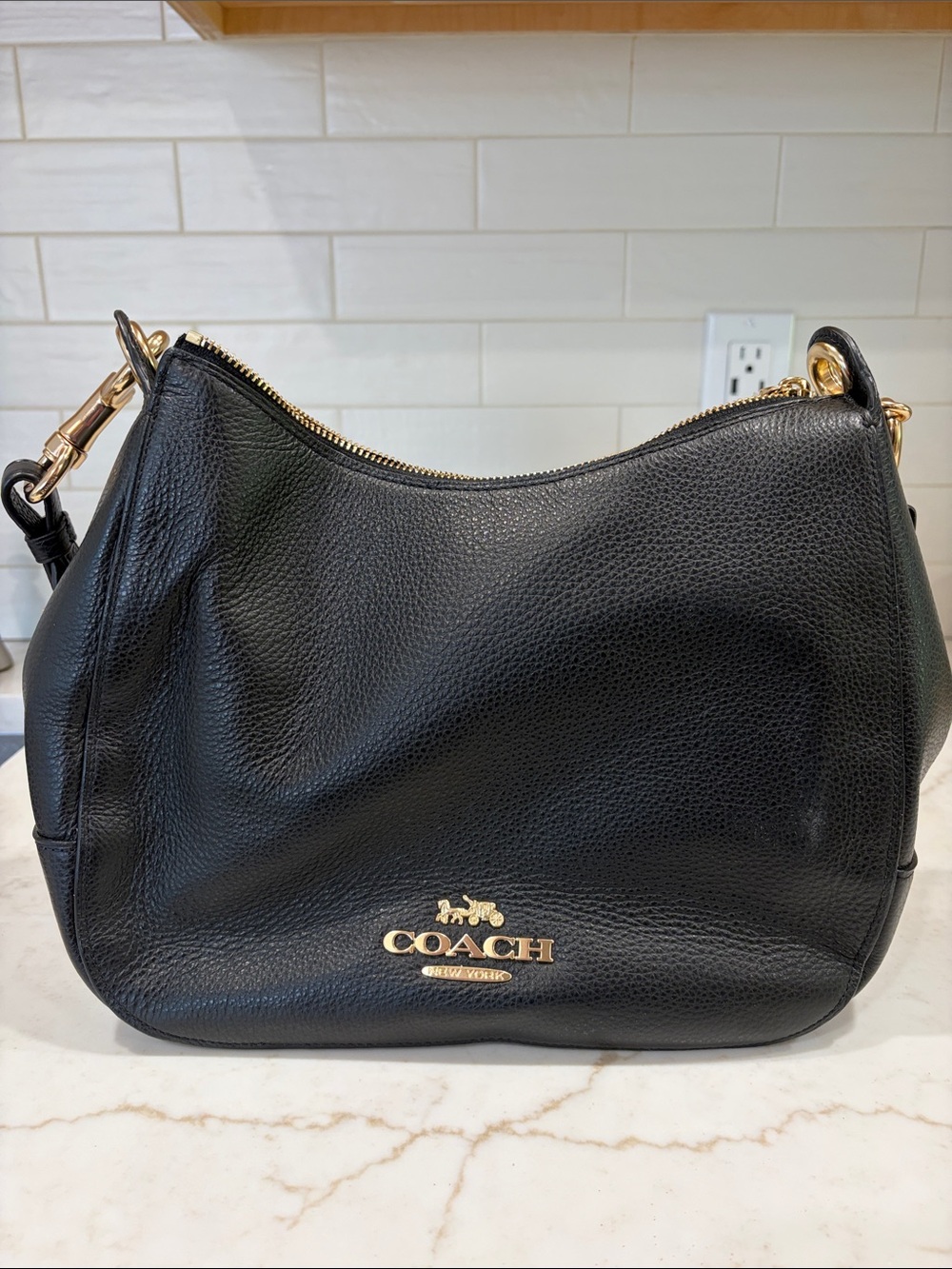 COACH Black Pebbled Leather Shoulder Bag with Gold Hardware